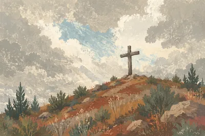 Wooden Cross on Rugged Hilltop Sky