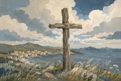 Weathered Wooden Cross on Dramatic Hilltop
