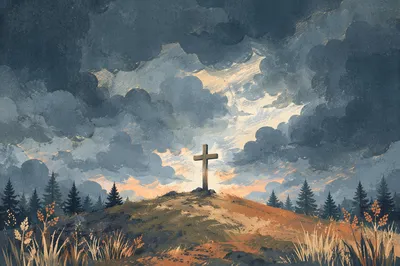 Weathered Wooden Cross Beneath Dramatic Storm Sky