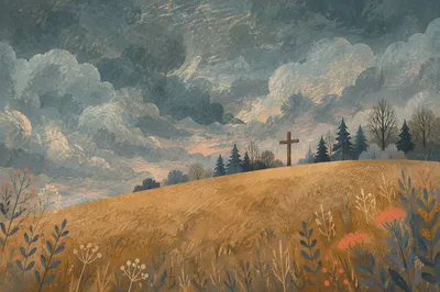 Wooden Cross on Hilltop Under Stormy Sky