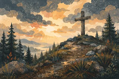 Weathered Cross on Evergreen Hilltop