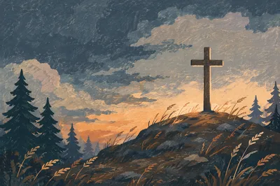 Wooden Cross on Evergreen Hilltop