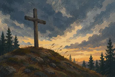 Wooden Cross on Evergreen Hilltop at Sunset