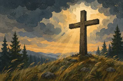 Wooden Cross on Evergreen Hilltop at Dusk