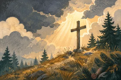 Wooden Cross on Evergreen Hilltop
