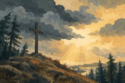 Weathered Wooden Cross Beneath Dramatic Evergreen Sky