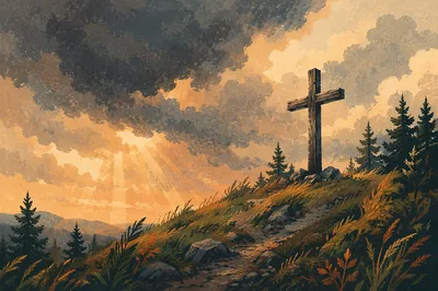 Wooden Cross on Stormy Evergreen Hilltop