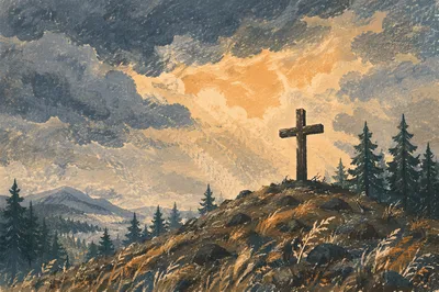 Weathered Cross Beneath Dramatic Evergreen Sky