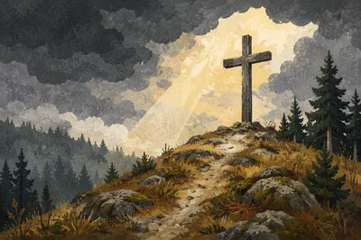 Weathered Cross on Evergreen Hilltop