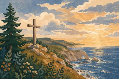 Wooden Cross Over Coastal Hilltop Sky