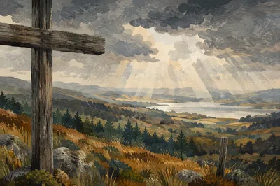 Wooden Cross on Windswept Hilltop