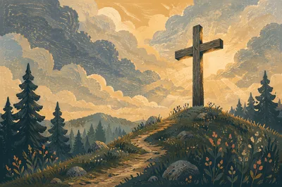 Wooden Cross on Hilltop Under Dramatic Sky