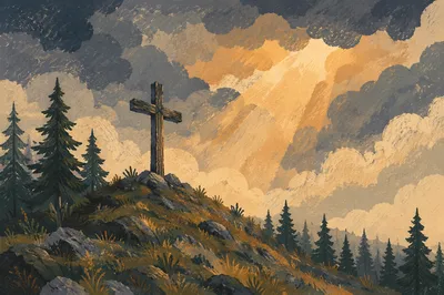 Wooden Cross on Hilltop Under Stormlight