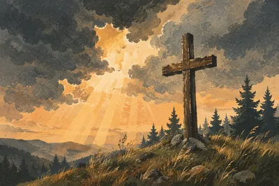 Wooden Cross on Hilltop Under Dramatic Sky