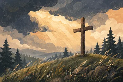 Wooden Cross on Hilltop Under Dramatic Sky
