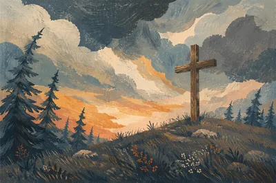 Wooden Cross on Hilltop Under Dramatic Sky