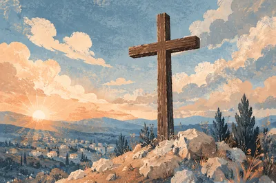 Wooden Cross on Hilltop at Golden Hour
