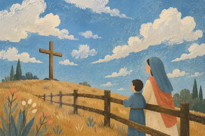 White Wooden Cross on Hilltop Sky