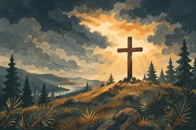 Wooden Cross on Evergreen Hilltop