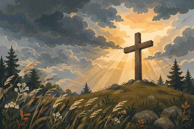 Weathered Wooden Cross Beneath Dramatic Evergreen Sky