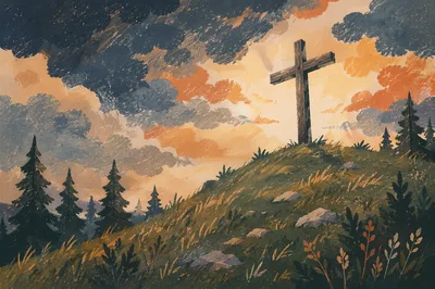Weathered Cross on Evergreen Hilltop