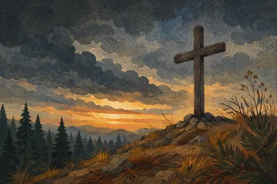 Wooden Cross on Windswept Evergreen Hilltop