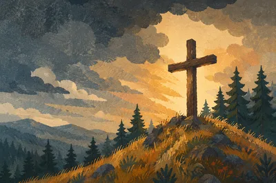 Weathered Wooden Cross Beneath Dramatic Evergreen Sky