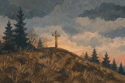 Wooden Cross on Hilltop Under Storm Clouds