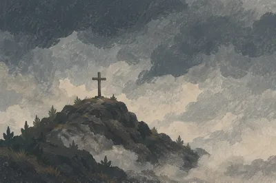 Weathered Cross on Misty Evergreen Hilltop