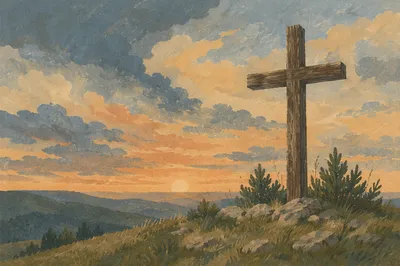 Weathered Cross on Evergreen Hill at Dusk