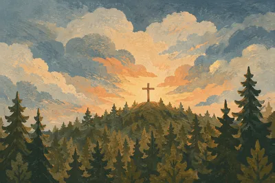 Wooden Cross on Evergreen Hilltop