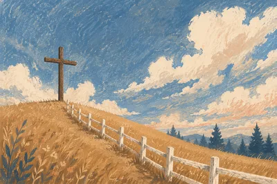 Wooden Cross on Hilltop Under Dramatic Sky