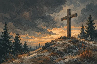 Weathered Cross on Evergreen Hilltop at Dawn