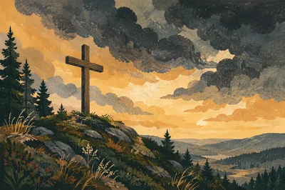 Wooden Cross on Evergreen Hilltop