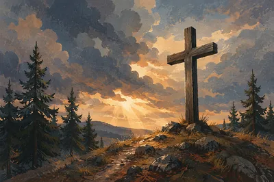 Wooden Cross on Evergreen Hilltop