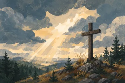 Weathered Cross Above Evergreen Storm Clouds