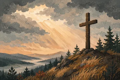 Wooden Cross on Windswept Evergreen Hilltop