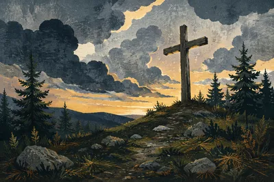 Wooden Cross on Evergreen Hilltop at Sunset