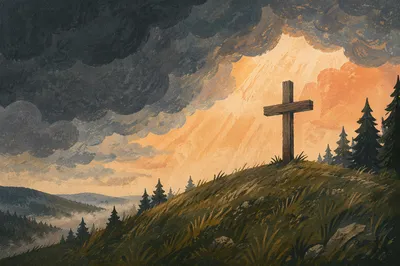 Weathered Wooden Cross Beneath Dramatic Evergreen Sky
