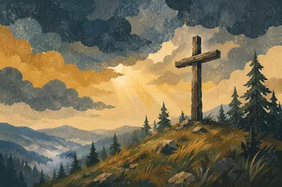 Wooden Cross on Evergreen Hilltop