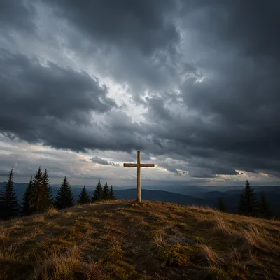 Wooden Cross on Hilltop Under Stormy Sky