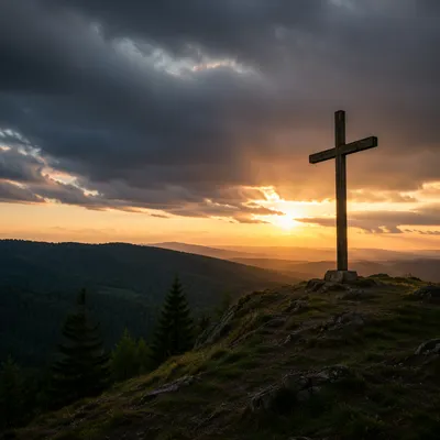 Wooden Cross on Evergreen Hill at Sunset