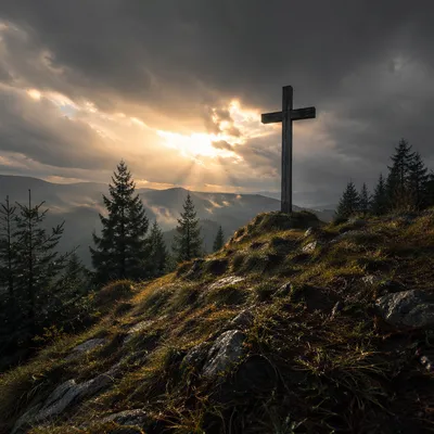 Weathered Cross on Evergreen Hilltop