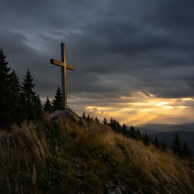 Wooden Cross on Stormlit Evergreen Hilltop
