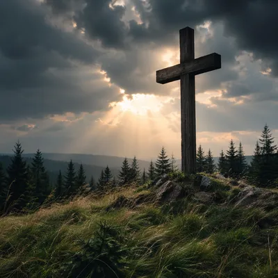 Wooden Cross on Hilltop Under Dramatic Sky