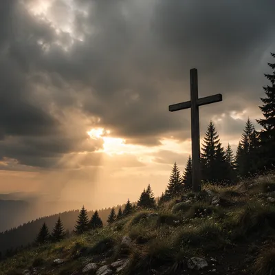 Weathered Cross on Evergreen Hilltop
