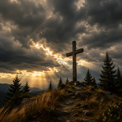 Weathered Wooden Cross Beneath Dramatic Sky