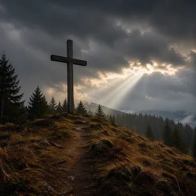 Weathered Wooden Cross Beneath Dramatic Evergreen Sky