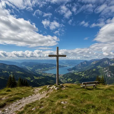 Wooden Cross on Alpine Hilltop Sky