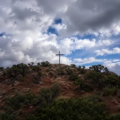 Weathered Cross on Rugged Evergreen Hilltop
